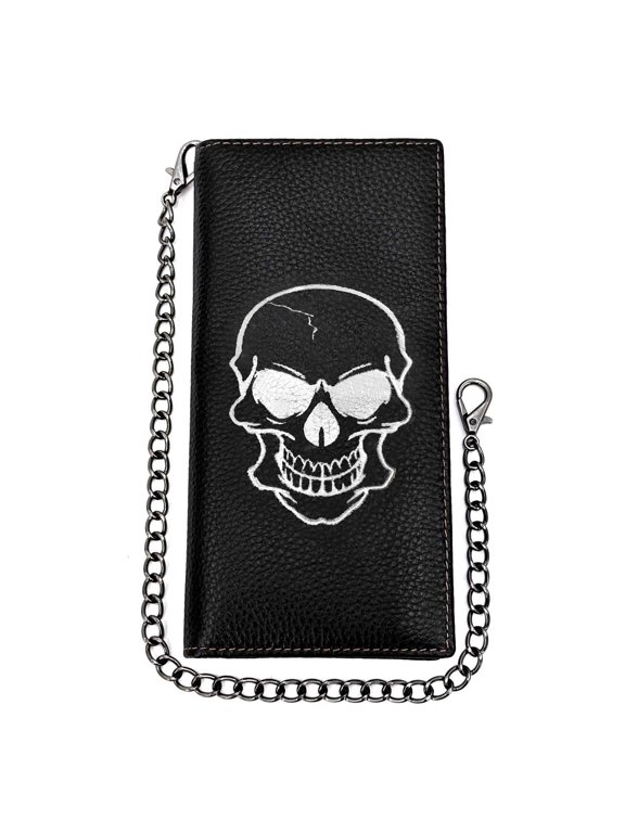Punk Skull Bifold Money Wallet Long Leather Purse Mens Gift with Chain