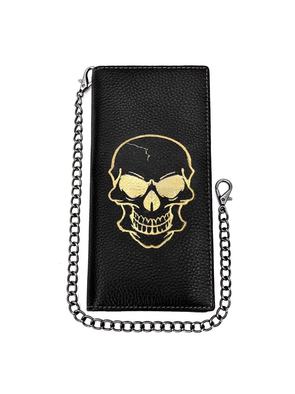 Punk Skull Bifold Money Wallet Long Leather Purse Mens Gift with Chain