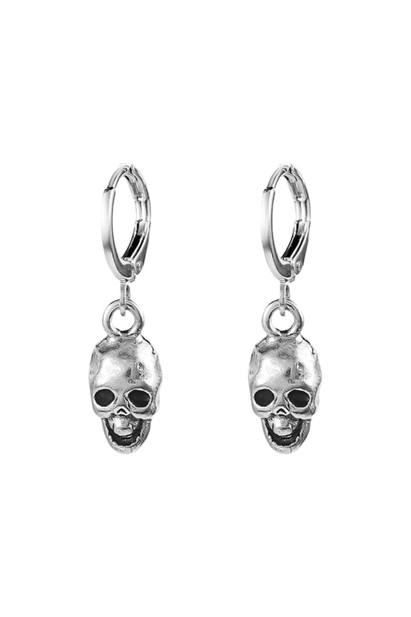 Punk Skull Dangle Earrings - Silver Tone Gothic Earrings with Skeleton Charms, Unisex Cartilage Huggie for Women, Men, - Edgy Fashion Jewelry