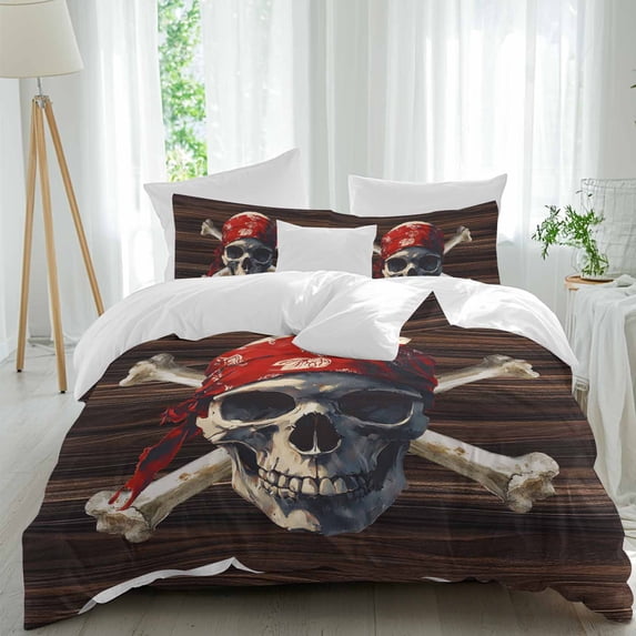 Punk Skull Full Size Comforter Set, Abstract Watercolor Art Wood Grain Bedding for All Seasons, 4 Pcs Bed Set, 1Quiltcover (86"x86") ,1Sheet(80"x116"), 2Pillowcases (30"x20")