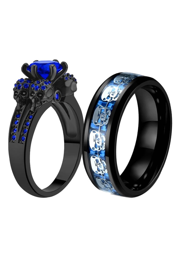 Punk Skull Rings Black Matching Rings Couple Rings Blue Cz Wedding Ring for Women