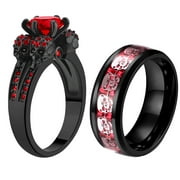 RINGHEART Punk Skull Rings Black Matching Rings Couple Rings Red Cz Wedding Ring for Women
