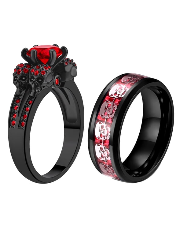 Punk Skull Rings Black Matching Rings Couple Rings Red Cz Wedding Ring for Women