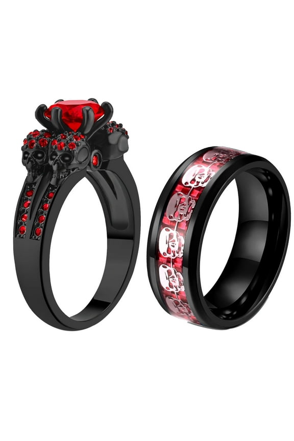 Punk Skull Rings Black Matching Rings Couple Rings Red Cz Wedding Ring for Women