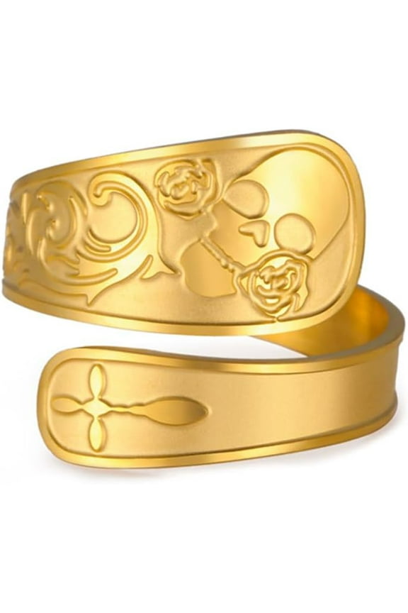 Punk Skull Spoon Ring for Women Men Adjustable Open Statement Fashion Rose Flower Cross Wrap Finger Thumb Rings Stainless Steel Gold Plated Fashion Comfort Fit Jewelry Gothic Unisex