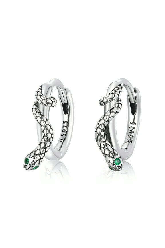 Punk Snake Small Hoop Earrings Sterling Silver Green Crystal Huggie for Women