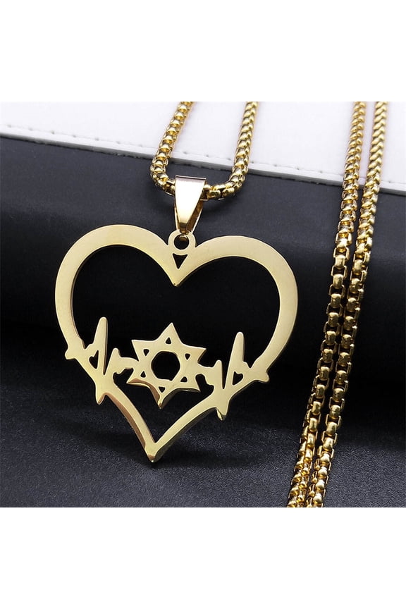 Punk Star of Love Heartbeat David in Hebrew Pendants 14K Yellow Gold Crystal Star of David Masonic Jewish love Necklaces for Men