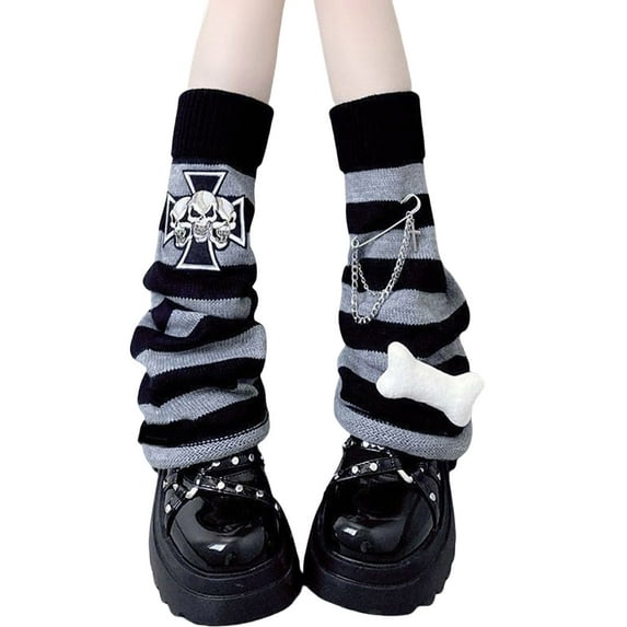 Punk Striped Knitted Flared Leg Warmers Women Girls Skull Crosses Bone Foot Cover Streetwear Boot Cuff Socks
