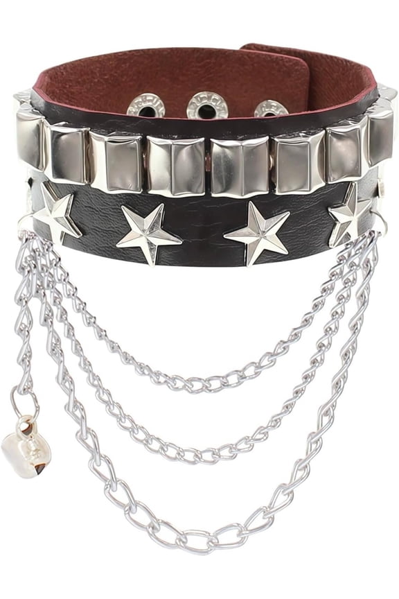 Punk Studded Leather Bracelet, Adjustable  Rock Cuff Wristband for Men Women Biker Outfits 80s Goth Emo