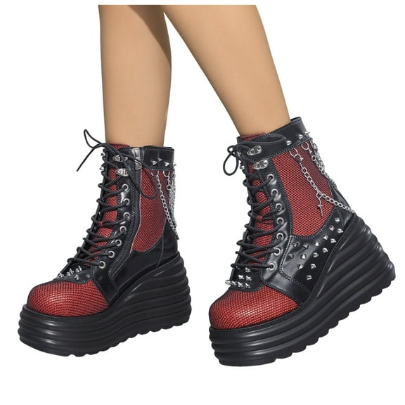 Punk Studded Mid Calf Combat Boots for Women Gothic Black Red Chain Platform Wedge Short Riding Ankle Booties