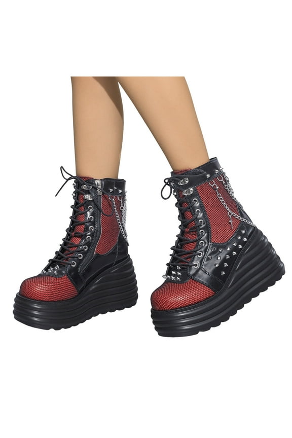 Punk Studded Mid Calf Combat Boots for Women Gothic Black Red Chain Platform Wedge Short Riding Ankle Booties
