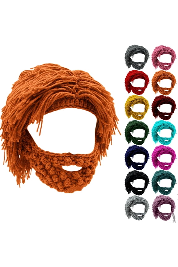 Punk Style Beanie, Novelty Beard Beanies & Knit Hats, with Attached Straight Hair Wig and Knitted Beard, #02 Saffron Free Size