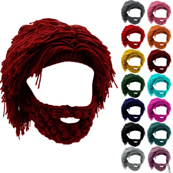 Punk Style Beanie, Novelty Beard Beanies & Knit Hats, with Attached Straight Hair Wig and Knitted Beard, #02 Wine Free Size