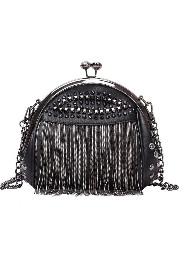 Punk Style Crossbody Bags for Women Rivet Tassel Evening Clutch Purse Ladies Black Chains Shoulder Bag