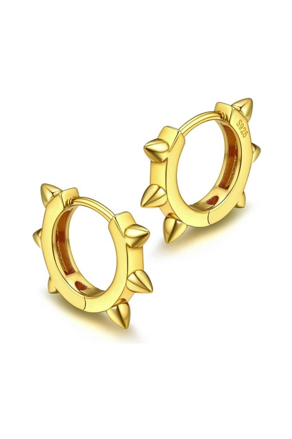 Punk Style Men 14K Yellow Gold Plating 925 Sterling Silver Small Spike Thorn Huggie Hoop Earrings