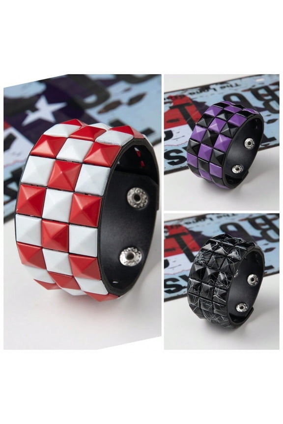 Punk Style Studded Cuff Bracelet Set - Red White Black, Purple Black, Cracked Black - 3 Pieces