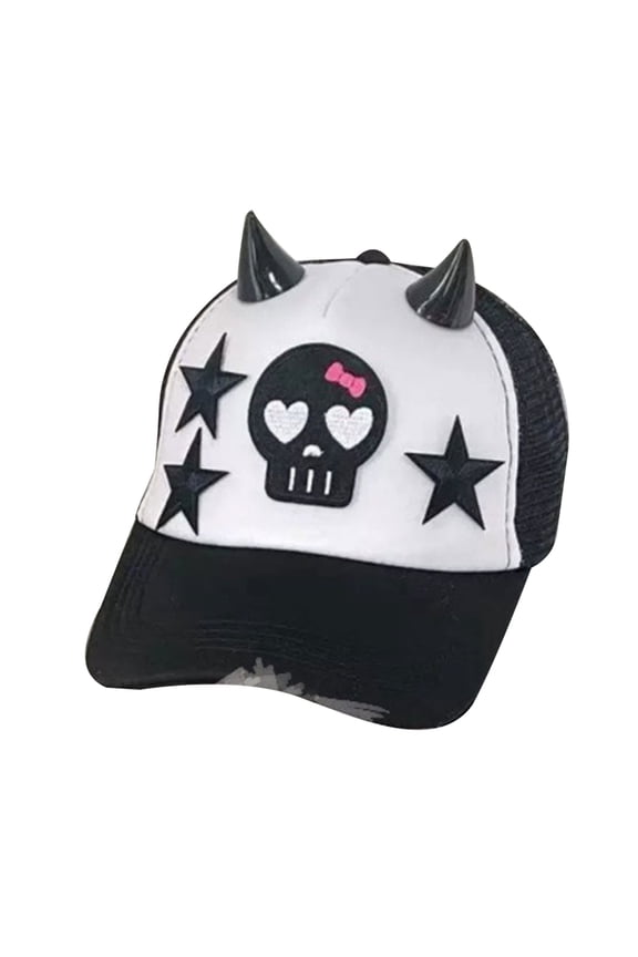 Punk Styles Skull Devil Ears Hat Sparkling Sequins Accents Breathable Unisex Streetwear Hat For Men Women Kids
