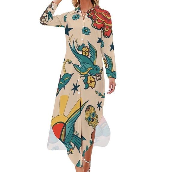 Punk Tattoo Pattern Design and Illustration Long Sleeved Shirt Dress evening dress Women's summer suit