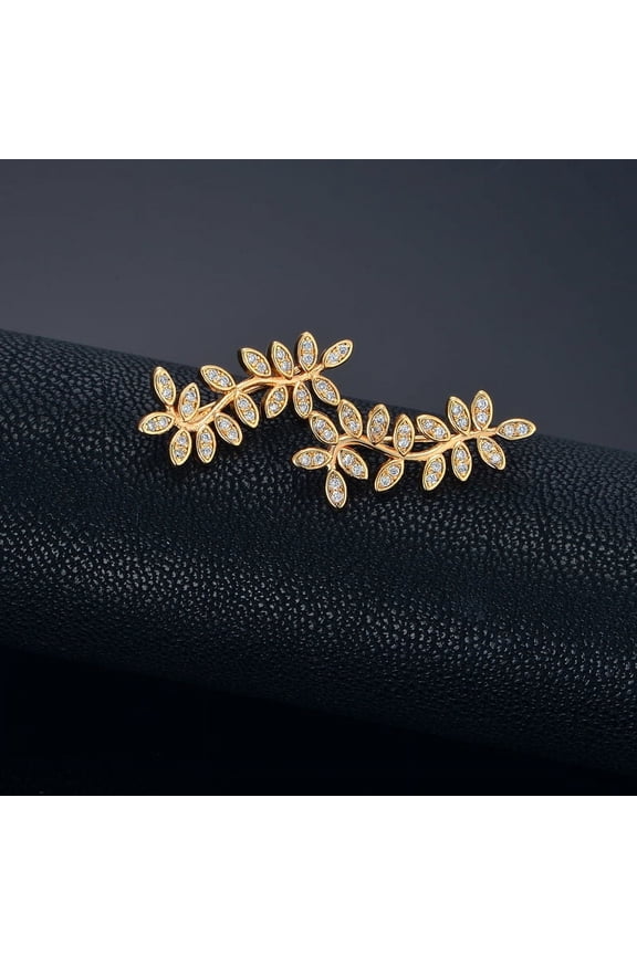 Punk Vintage Cubic Zircon Leaf Clip Earrings For Women, Ear Cuff Non-Piercing 14K Yellow Gold Jewelry For Women