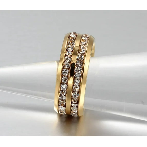 Punk Vintage Jewelry Two Rows CZ Stone Wedding 14K Yellow Gold Ring for Man Woman