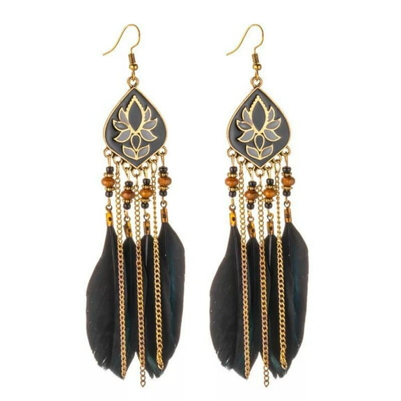 Punk Vintage Long Tassel Feather Earrings for Women Bohemian Handmade Natural Pendant Earring Fish Hook Earrings Vintage Boho Multicolor Tassel Feathers Dangle Drop Earrings