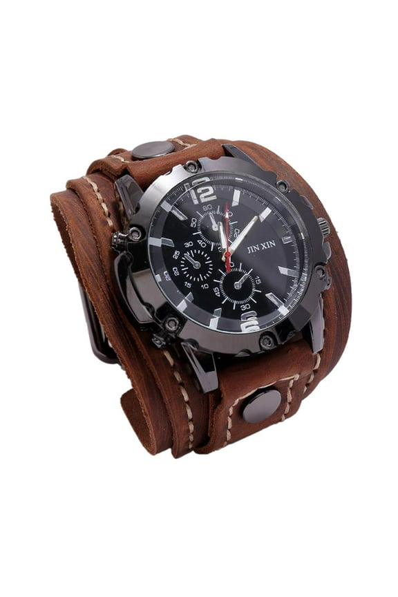 Wrist Watch, Wide PU Leather Belt Strap Cuff Roman Numerals Wristwatch, Watches for Men Women , Brown