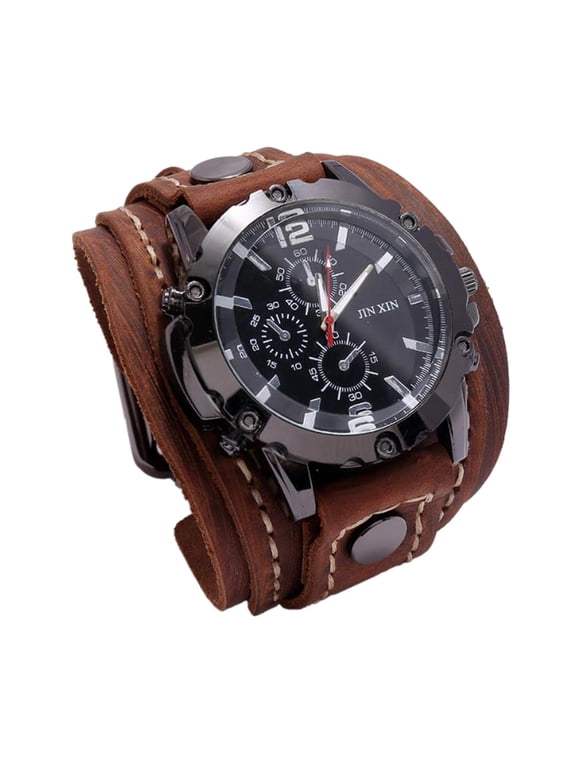 Wrist Watch, Wide PU Leather Belt Strap Cuff Roman Numerals Wristwatch, Watches for Men Women , Brown