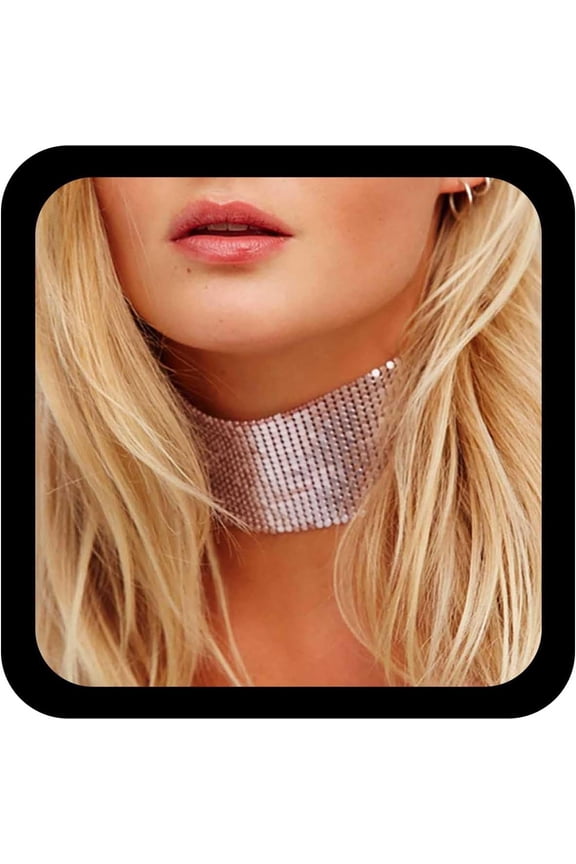 Punk Wide Sequin Necklace Choker Metal Mesh Necklace Metal Sequins Necklaces Gold Wide Rhinestone Choker Mesh Short Thick Necklaces Party Prom Jewelry for Women