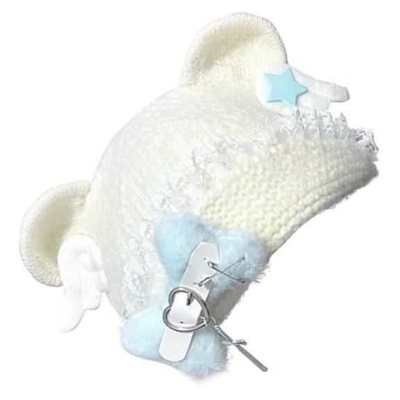 Punk Wing Head Wrap Thicken Knit Bear Hat for Climbing Skiing Sports Headwear Blue Bear Hat Oversized Headwear