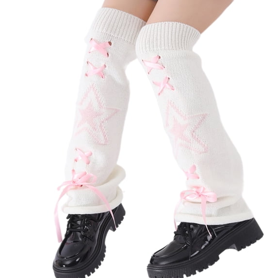 Punk Women Knitted Leg Covers with Star Pattern Japanese Sweet Ribbon ...