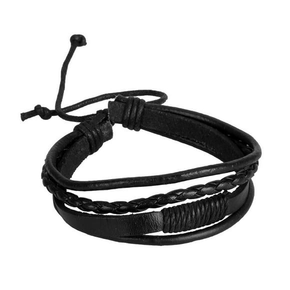 Punk Women Multi Strand String Pull Tie Bracelet Braided PU Leather Black