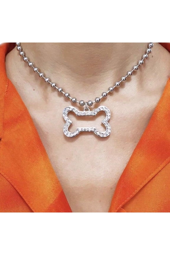 Punk Y2K Gothic Ball Chain Choker, Rhinestone Dog Bone Pendant Necklace, Silver Tone