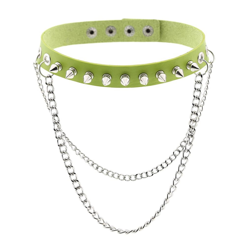 Punk goth metal spike studded link leather collar choker necklace 