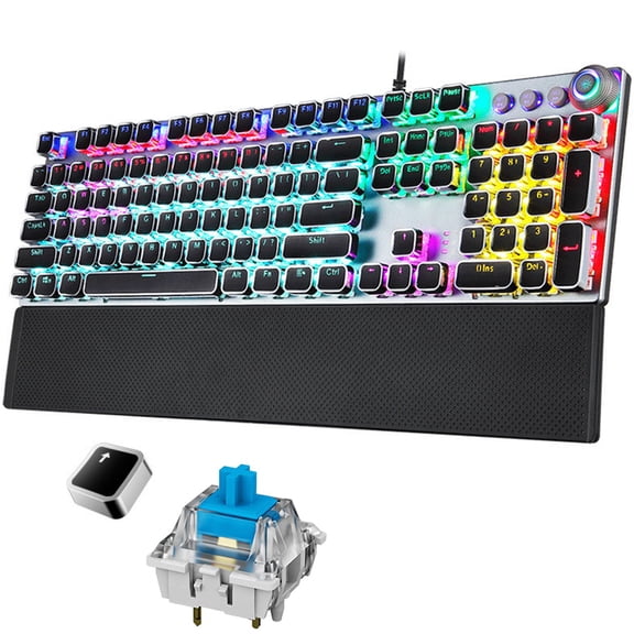 Punk-inspired mechanical gaming keyboard with dynamic RGB backlighting, 104 keys, magnetic wrist rest, compatible with PC/Mac