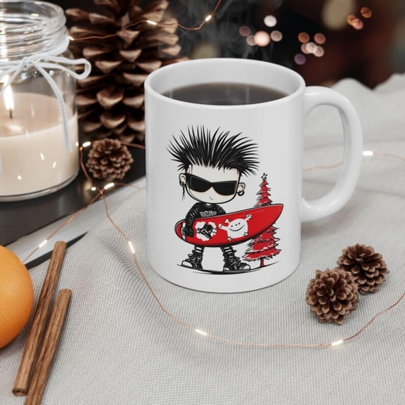Punk k Surfer Cistmas Mug, day Gift, Ceramic Coffee Cup, Alternat Xmas Present, Unique Tea Mug, ker Santa Cup, Surfing, Waves.