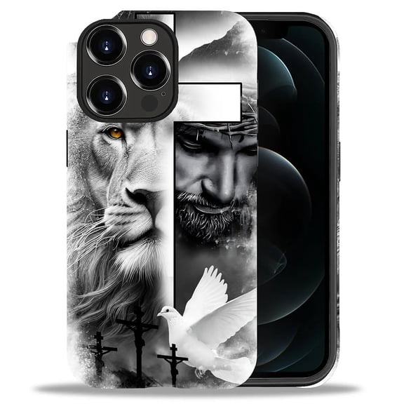 Punmada Compatible with iPhone 12/iPhone 12 Pro Glossy Case For Girl Boy Full Body Protective Hard Shell Esthetics Pattern Lion Cross Jesus Christ Dove
