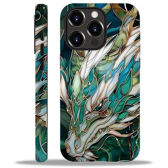 Punmada Compatible with iPhone 12/iPhone 12 Pro Matte Case For Girl Boy Full Body Protective Hard Shell Esthetics Pattern Teal White Dragon Stained Glasss
