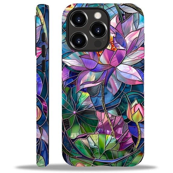 Punmada Compatible with iPhone 13 Pro Max Glossy Case For Girl Boy Full Body Protective Hard Shell Esthetics Pattern Lotus Flower Colorful Stained Glass Design