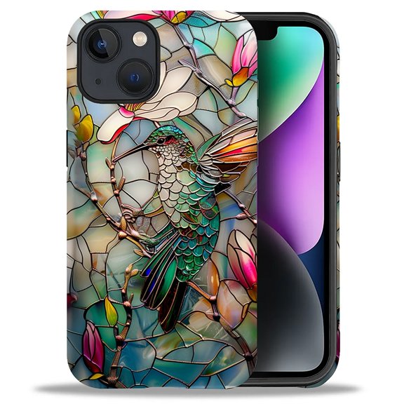 Punmada Compatible with iPhone 13/iPhone 14 Matte Case For Girl Boy Full Body Protective Hard Shell Esthetics Pattern 3D Stained Flower Looking Hummingbird