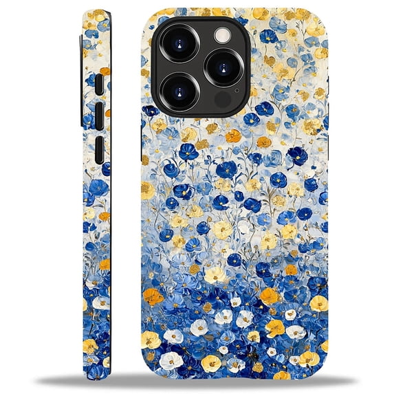 Punmada Compatible with iPhone 14 Pro Glossy Case For Girl Boy Full Body Protective Hard Shell Esthetics Pattern Yellow Blue Gold flowers Oil Painting