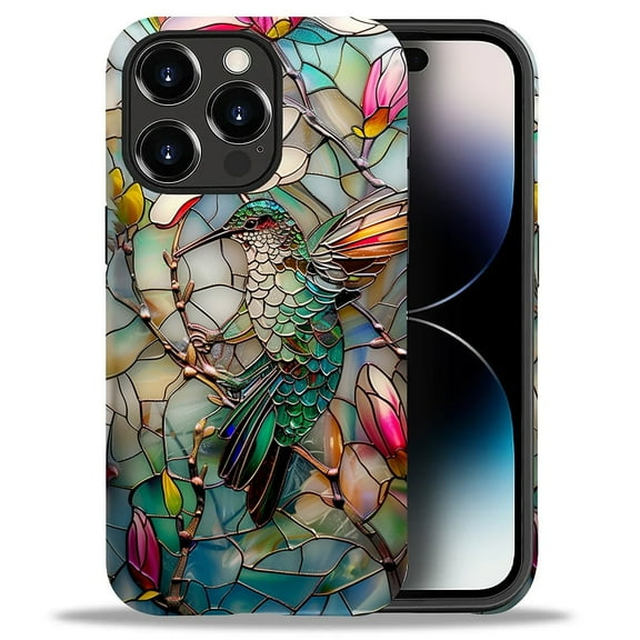 Punmada Compatible with iPhone 14 Pro Max Glossy Case For Girl Boy Full Body Protective Hard Shell Esthetics Pattern 3D Stained Flower Looking Hummingbird