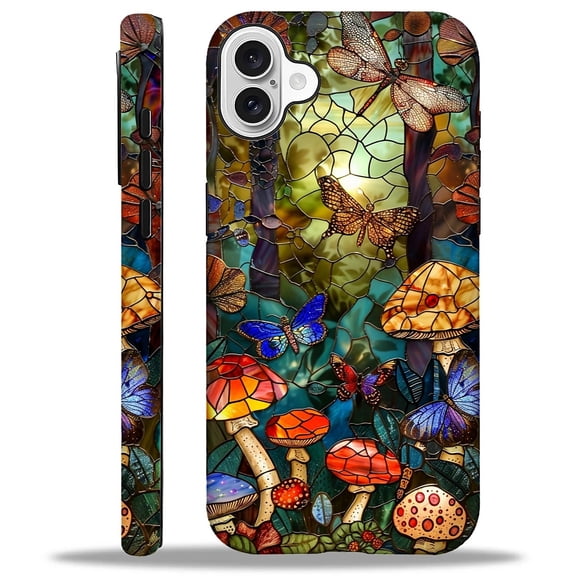 Punmada Compatible with iPhone 16 Plus Glossy Case For Girl Boy Full Body Protective Hard Shell Esthetics Pattern Stained Glass Mushrooms Butterfly Dragonfly