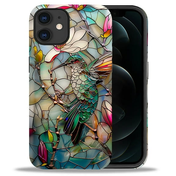 Punmada Compatible with iPhone 11 Glossy Case For Girl Boy Full Body Protective Hard Shell Esthetics Pattern 3D Stained Flower Looking Hummingbird