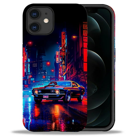 Punmada Compatible with iPhone 11 Glossy Case For Girl Boy Full Body Protective Hard Shell Esthetics Pattern Night City Cars