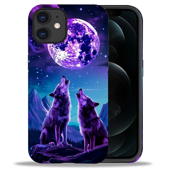 Punmada Compatible with iPhone 11 Glossy Case For Girl Boy Full Body Protective Hard Shell Esthetics Pattern Purple Moon Wolf