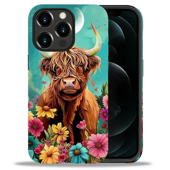 Punmada Compatible with iPhone 12/iPhone 12 Pro Glossy Case For Girl Boy Full Body Protective Hard Shell Esthetics Pattern Flower Highland Cow