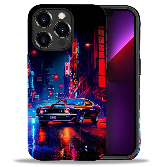 Punmada Compatible with iPhone 13 Pro Glossy Case For Girl Boy Full Body Protective Hard Shell Esthetics Pattern Night City Cars