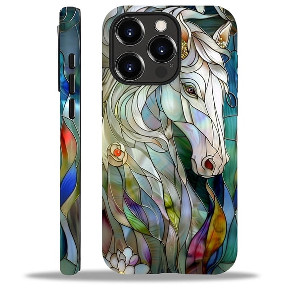 Punmada Compatible with iPhone 13 Pro Glossy Case For Girl Boy Full Body Protective Hard Shell Esthetics Pattern White Horse 3D Stained Glass