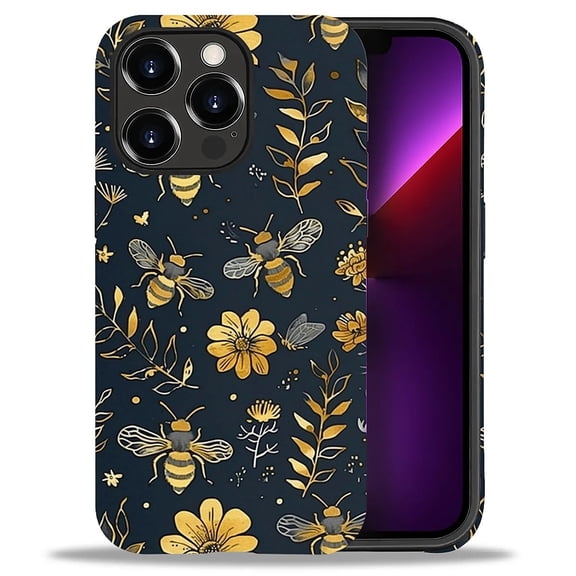 Punmada Compatible with iPhone 13 Pro Max Glossy Case For Girl Boy Full Body Protective Hard Shell Esthetics Pattern Vintage Yellow Bee Floral
