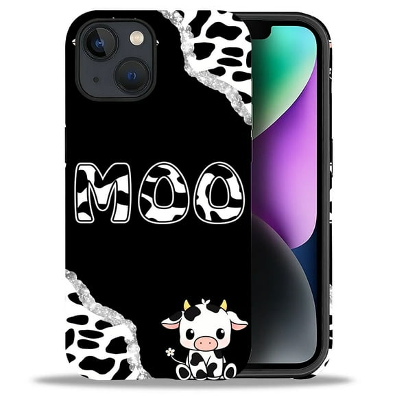 Punmada Compatible with iPhone 13/iPhone 14 Glossy Case For Girl Boy Full Body Protective Hard Shell Esthetics Pattern Black and White Cow